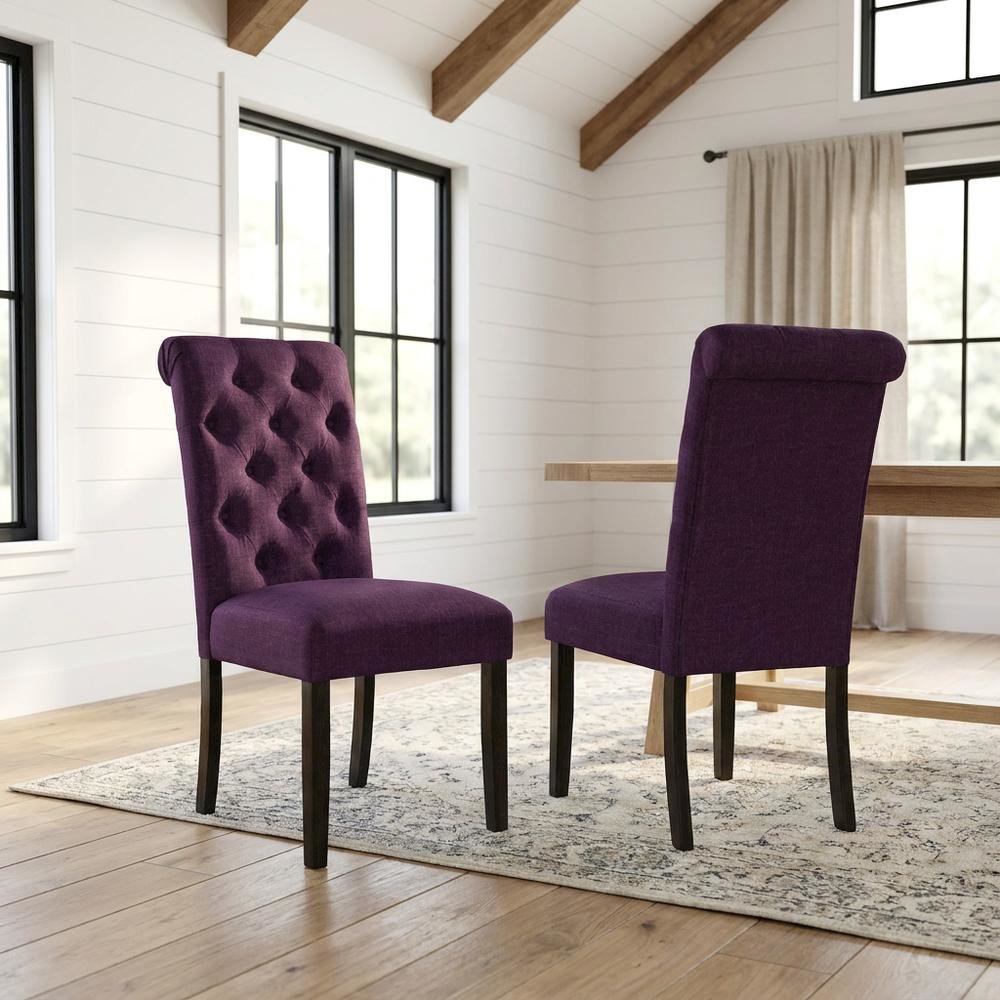 Solid Wood Upholstered Button-Tufted Parsons Dining Chairs, Purple, Set of 2. Picture 3