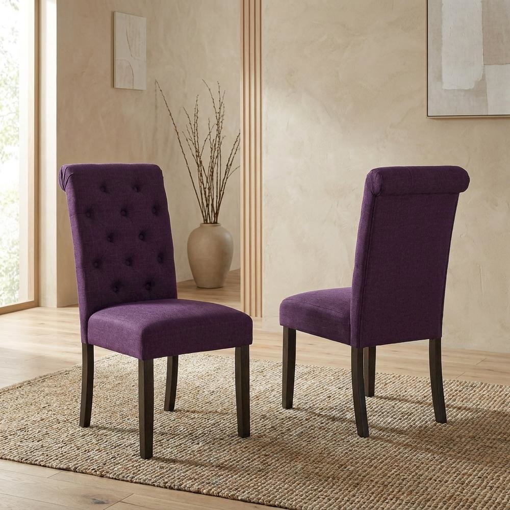 Solid Wood Upholstered Button-Tufted Parsons Dining Chairs, Purple, Set of 2. Picture 4