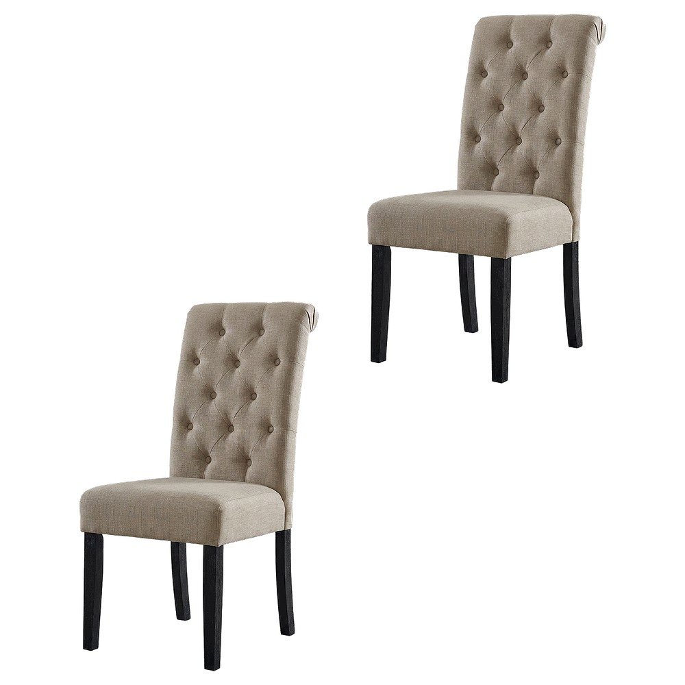 Solid Wood Upholstered Button-Tufted Parsons Dining Chairs, Tan, Set of 2. Picture 1