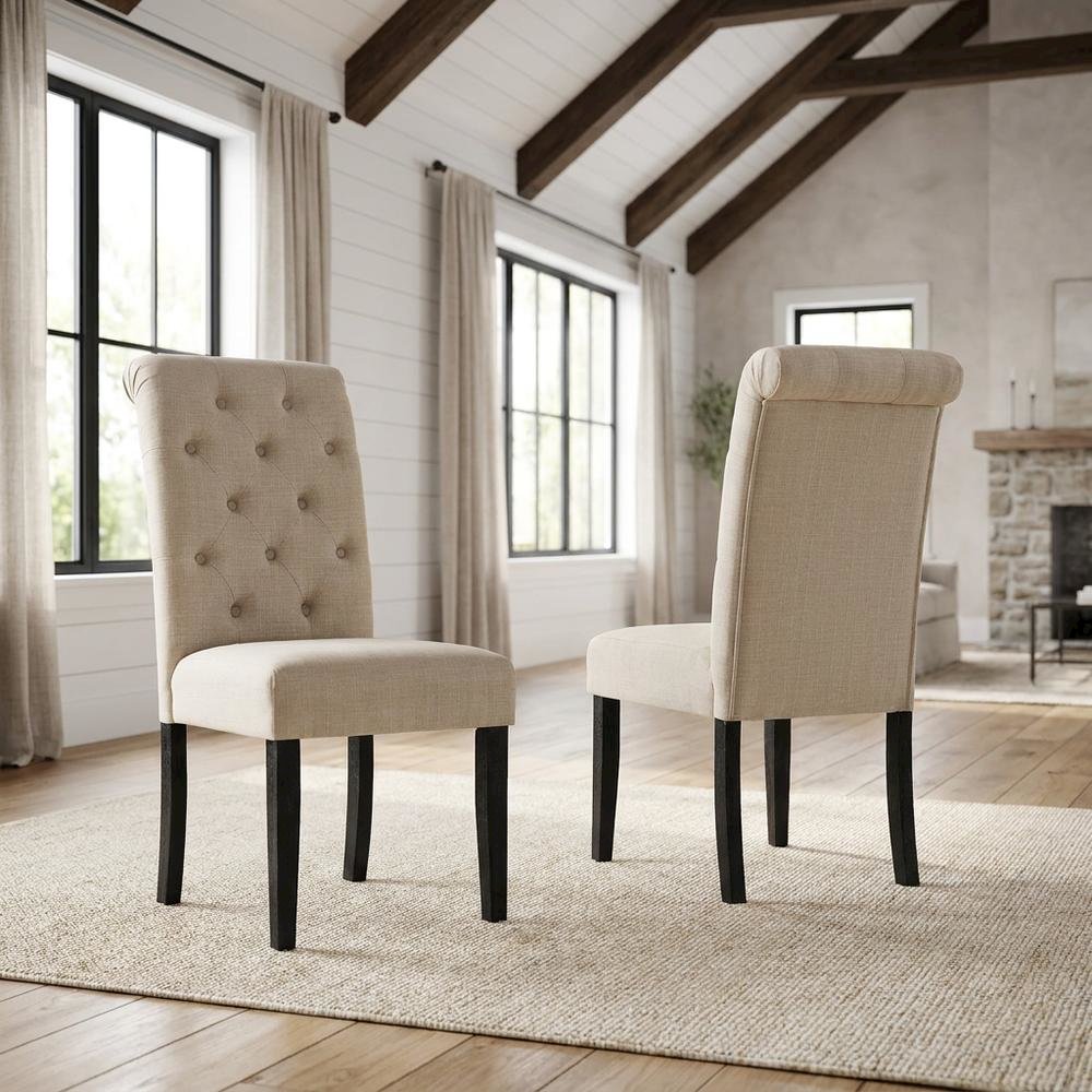 Solid Wood Upholstered Button-Tufted Parsons Dining Chairs, Tan, Set of 2. Picture 3