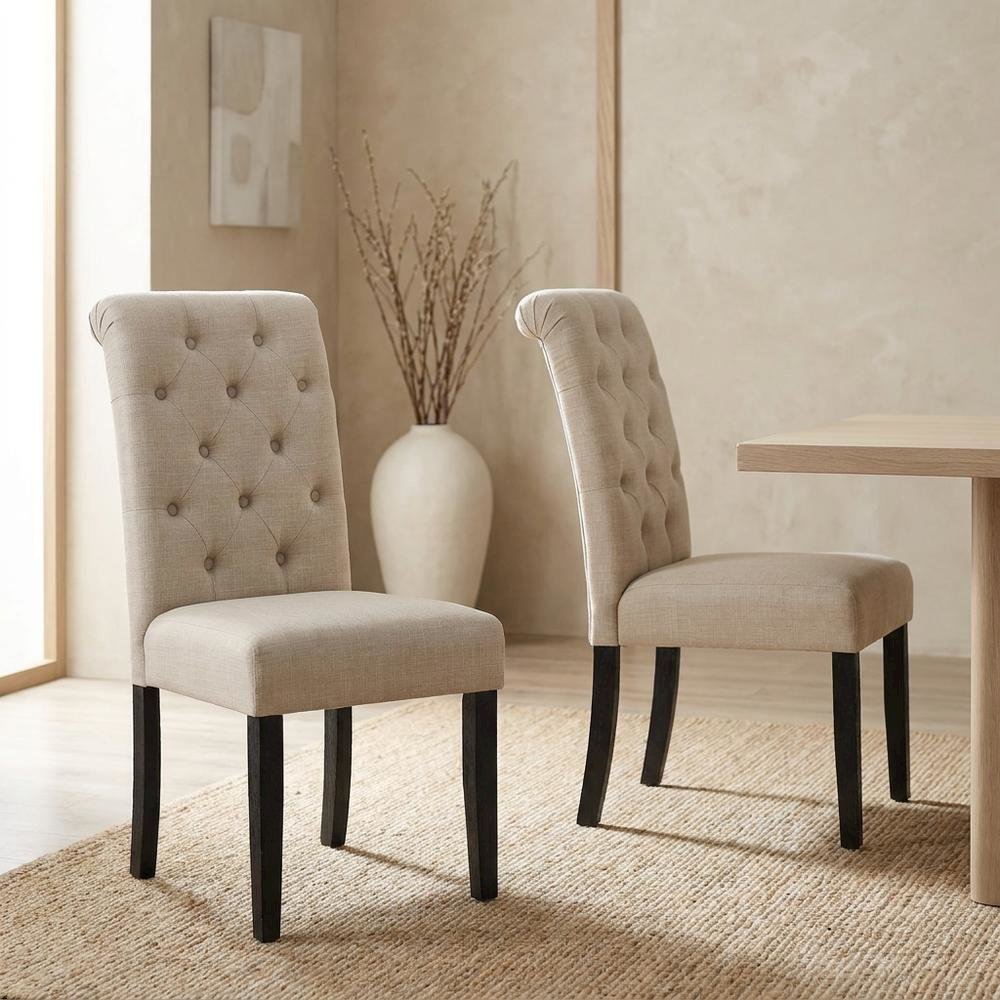 Solid Wood Upholstered Button-Tufted Parsons Dining Chairs, Tan, Set of 2. Picture 4