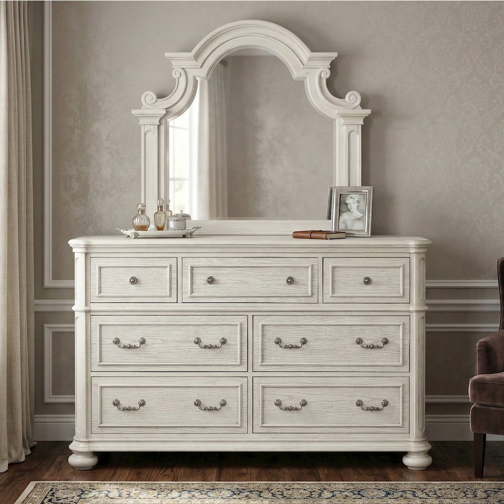 Nelson 7-Drawer Bedroom Dresser with Mirror, Antique White. Picture 3
