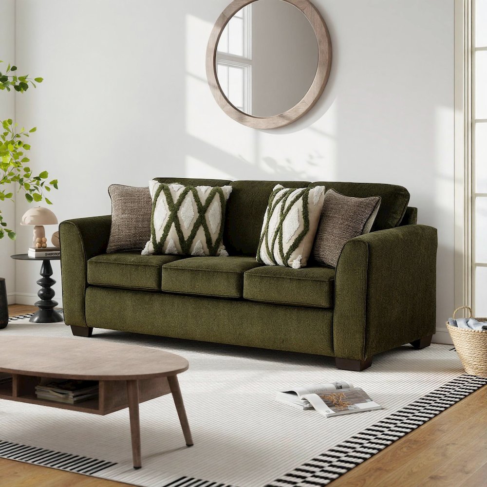 Marvella Living Room Sofa with Mosswood Chenille Upholstery, Accent Pillows. Picture 2