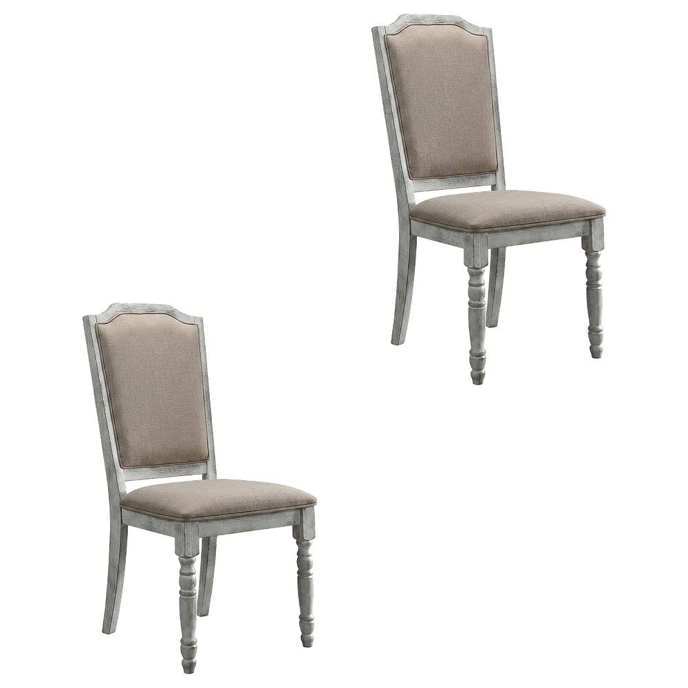 Upholstered Farmhouse Wood Dining Chair with Turned Legs, Beige, Set of 2. Picture 1