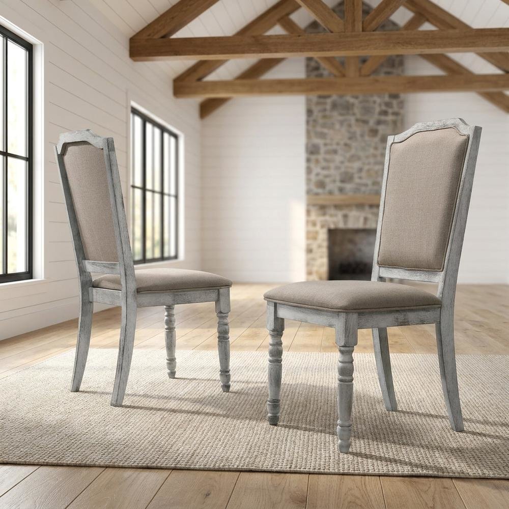 Upholstered Farmhouse Wood Dining Chair with Turned Legs, Beige, Set of 2. Picture 3