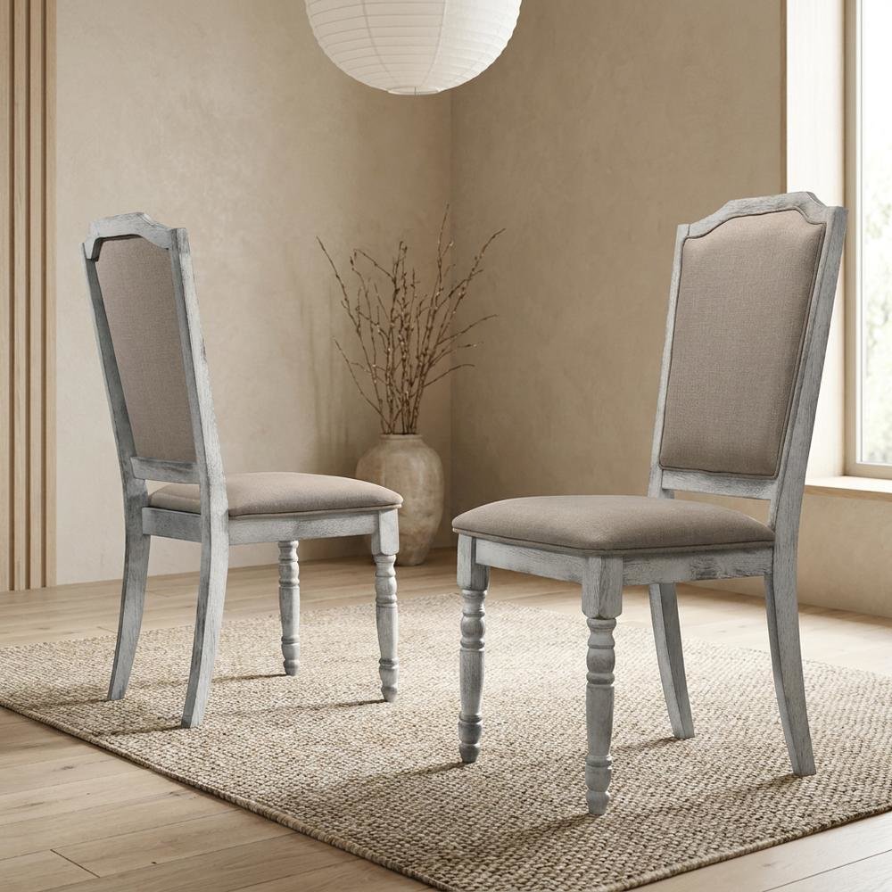 Upholstered Farmhouse Wood Dining Chair with Turned Legs, Beige, Set of 2. Picture 4