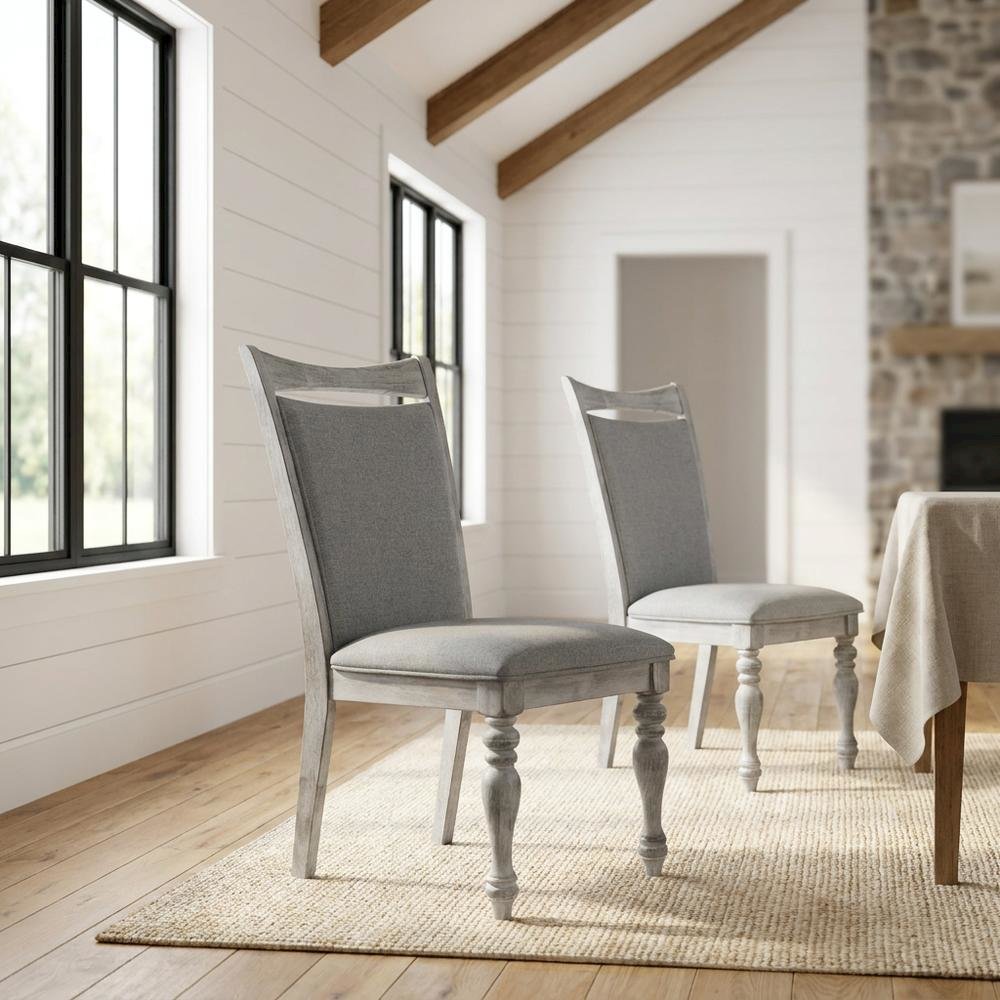 Upholstered Turned-Leg Dining Chairs, White, Set of 2. Picture 3
