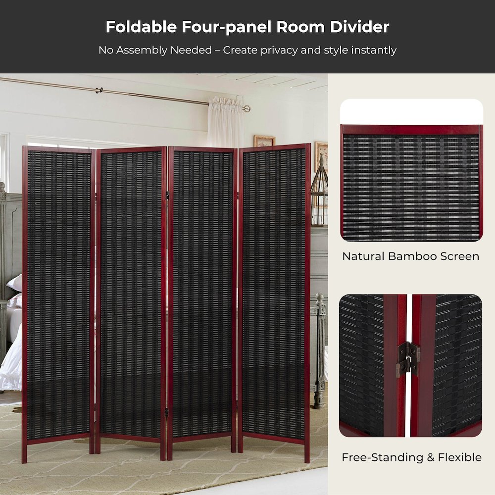 Inkwell 4-Panel Bamboo Room Divider, Folding Screen, Black with Red Frame. Picture 5