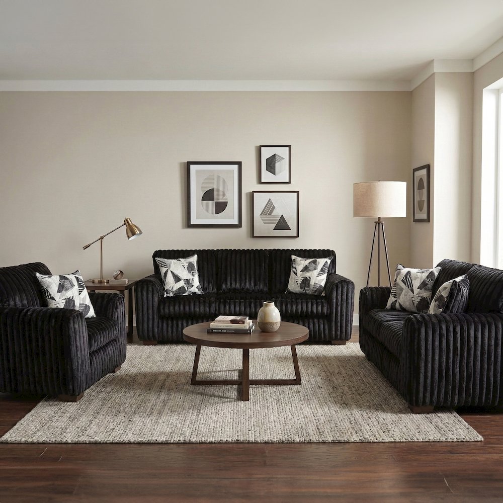 Nolan 3-Piece Living Room Set, Sofa Loveseat and Chair, Lush Black. Picture 5