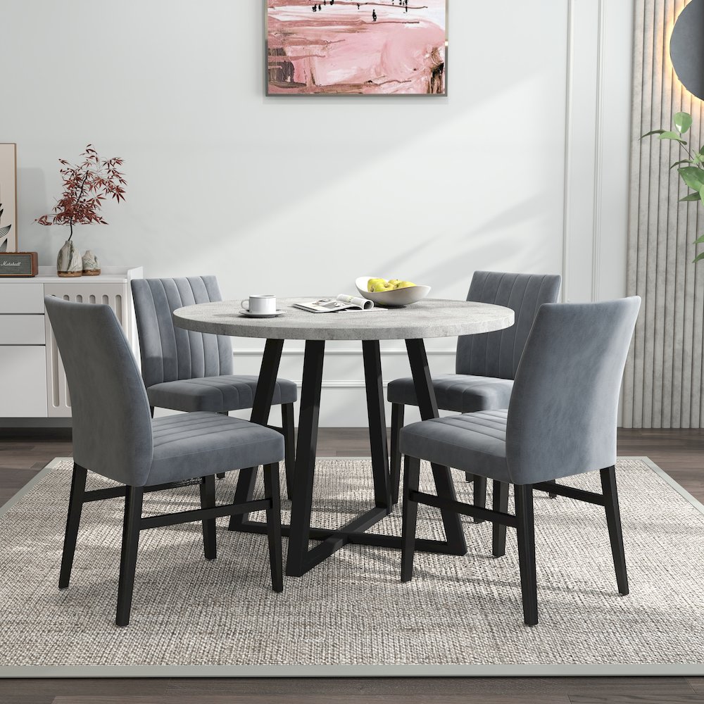 Edo 5-Piece Dining Set, Round Trestle Table and 4 Upholstered Chairs, Gray. Picture 4