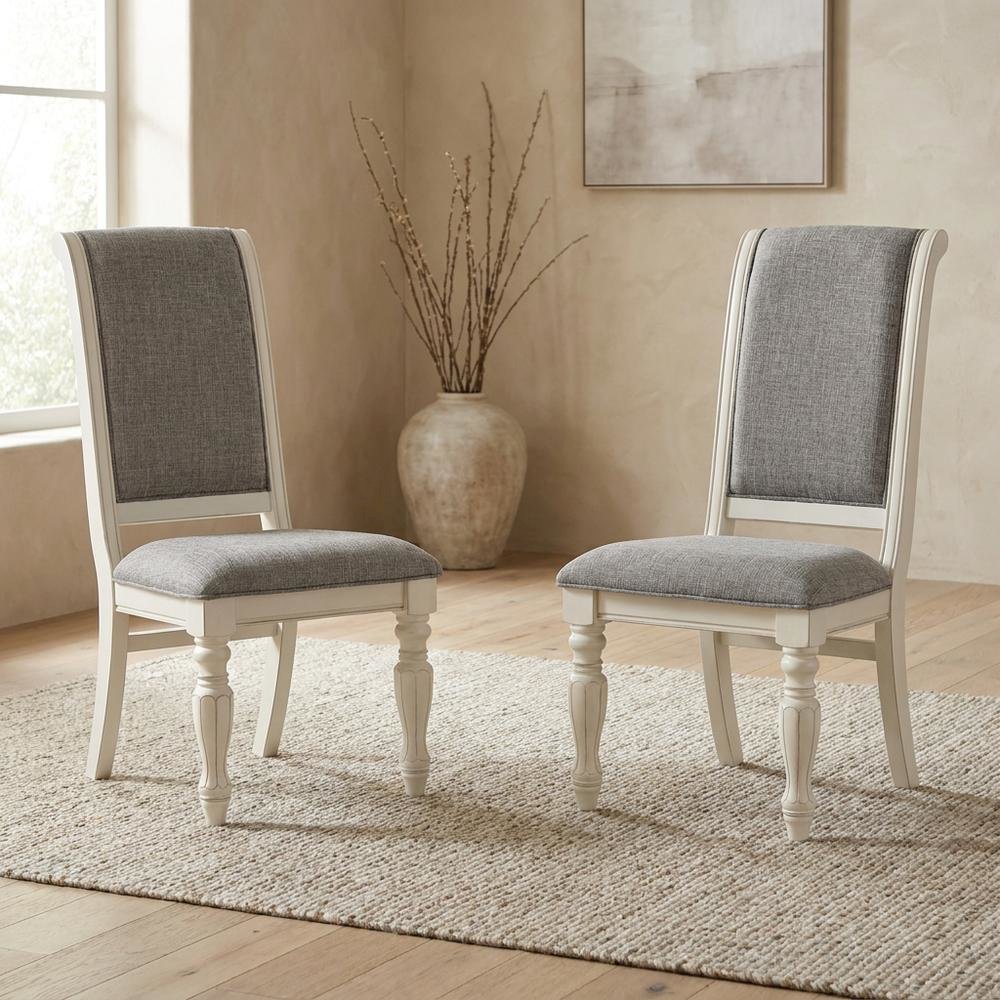 Solid Wood Upholstered Dining Chairs, White, Set of 2. Picture 4