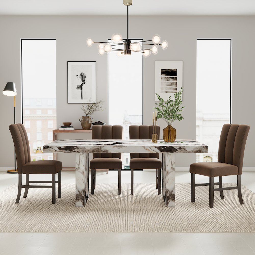 Cavira 5-PC Faux Marble Dining Set, Double Pedestal Table with 4 Chairs. Picture 2
