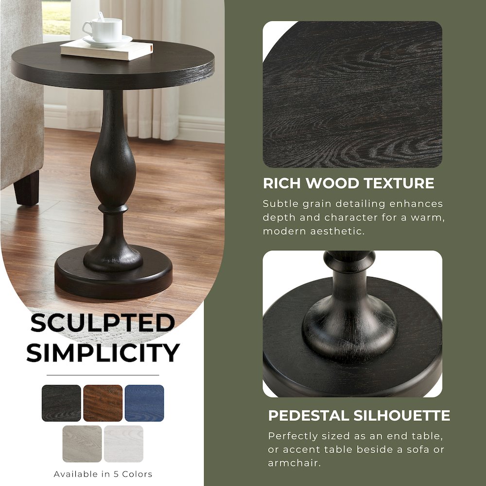 Solmere 22" Round Wood Pedestal End Table, Black. Picture 5