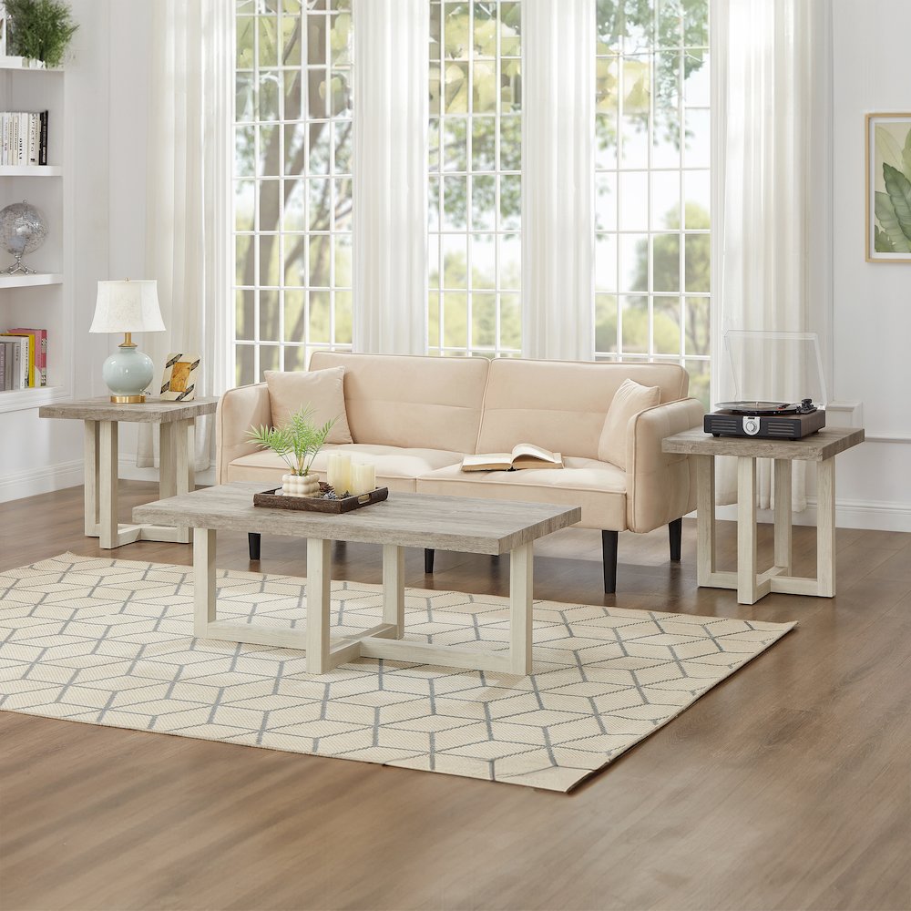 3-Piece Coffee Table Set, Coffee Table, Two End Tables, Weathered Gray and Beige. Picture 2