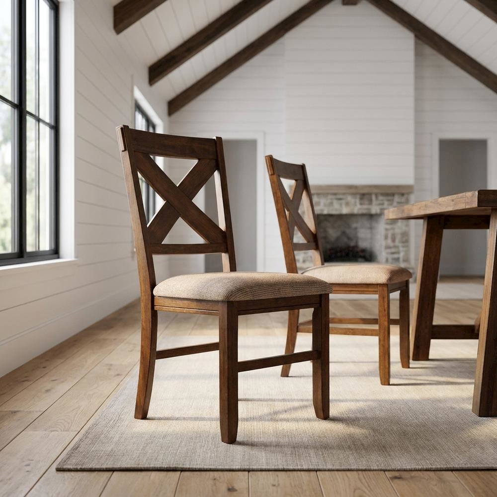 Solid Wood Upholstered Dining Chairs, Brown, Set of 2. Picture 3