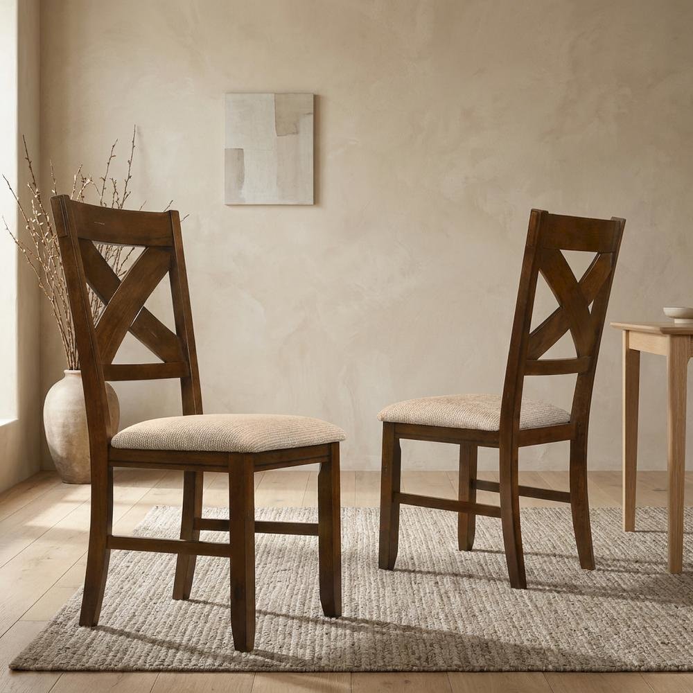 Solid Wood Upholstered Dining Chairs, Brown, Set of 2. Picture 4