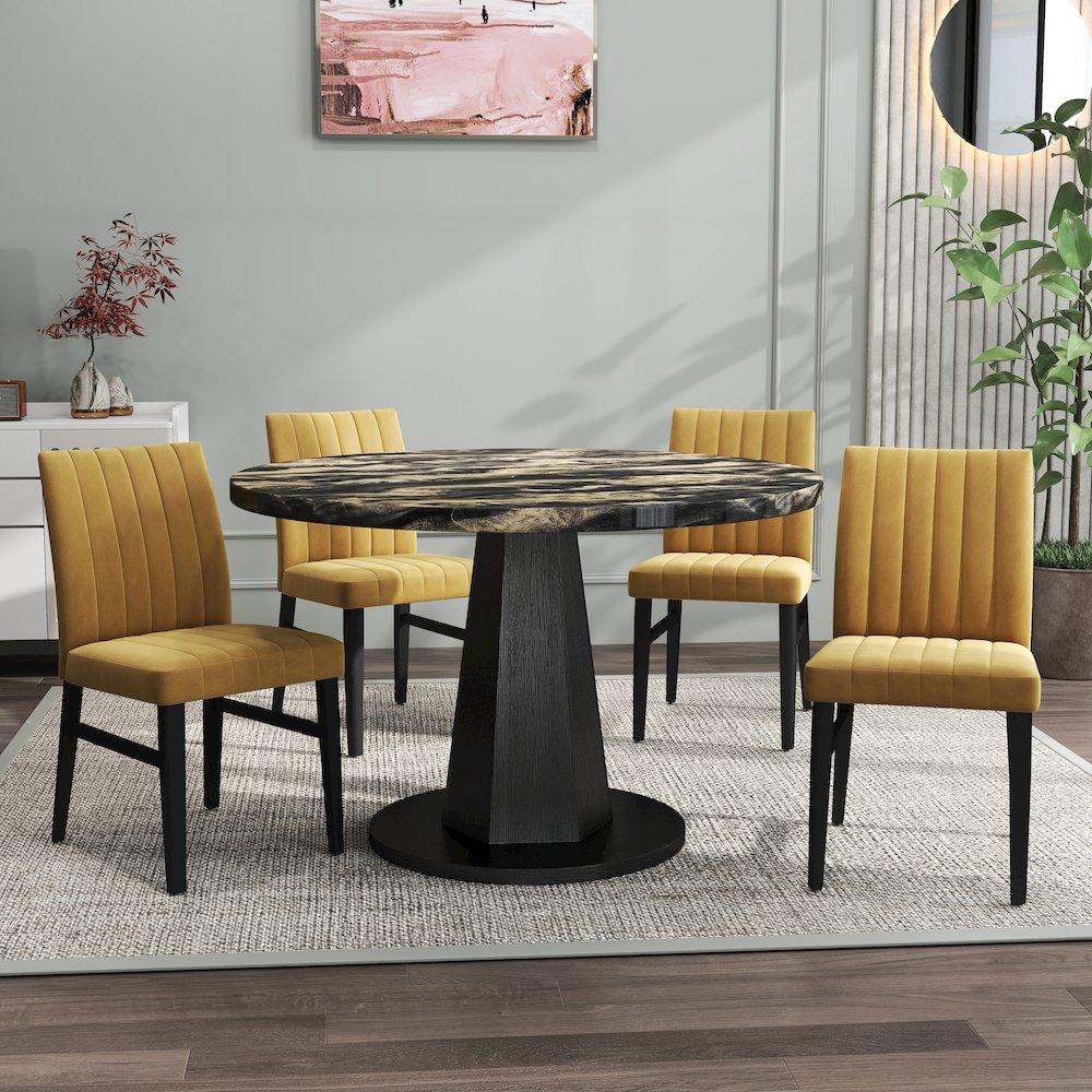 5-Piece Dining Set, Black and Gold Faux Marble Dining Table Four Chairs, Yellow. Picture 3