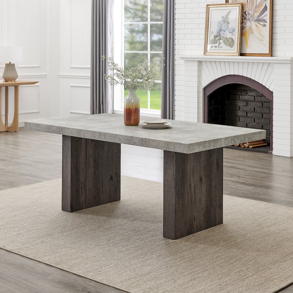 Sorlen 6-PC Dining Set, 3D Faux Concrete Table with 4 Chocolate Chairs and Bench. Picture 6