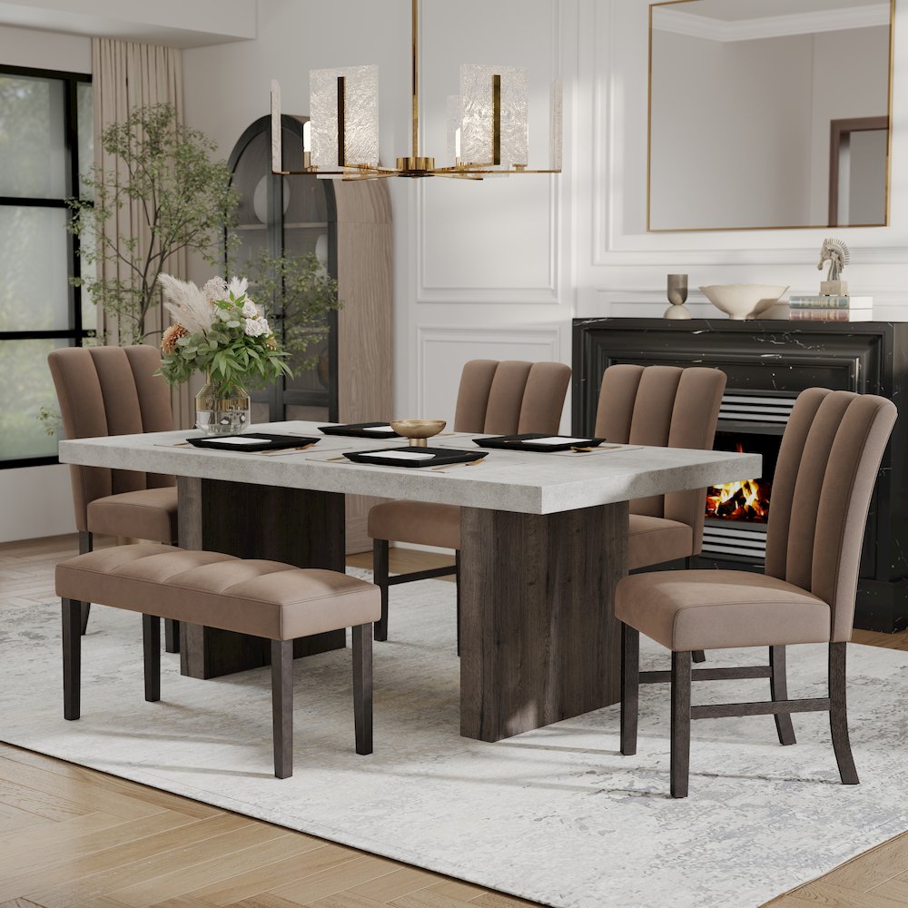 Sorlen 6-PC Dining Set, 3D Faux Concrete Table with 4 Chocolate Chairs and Bench. Picture 2