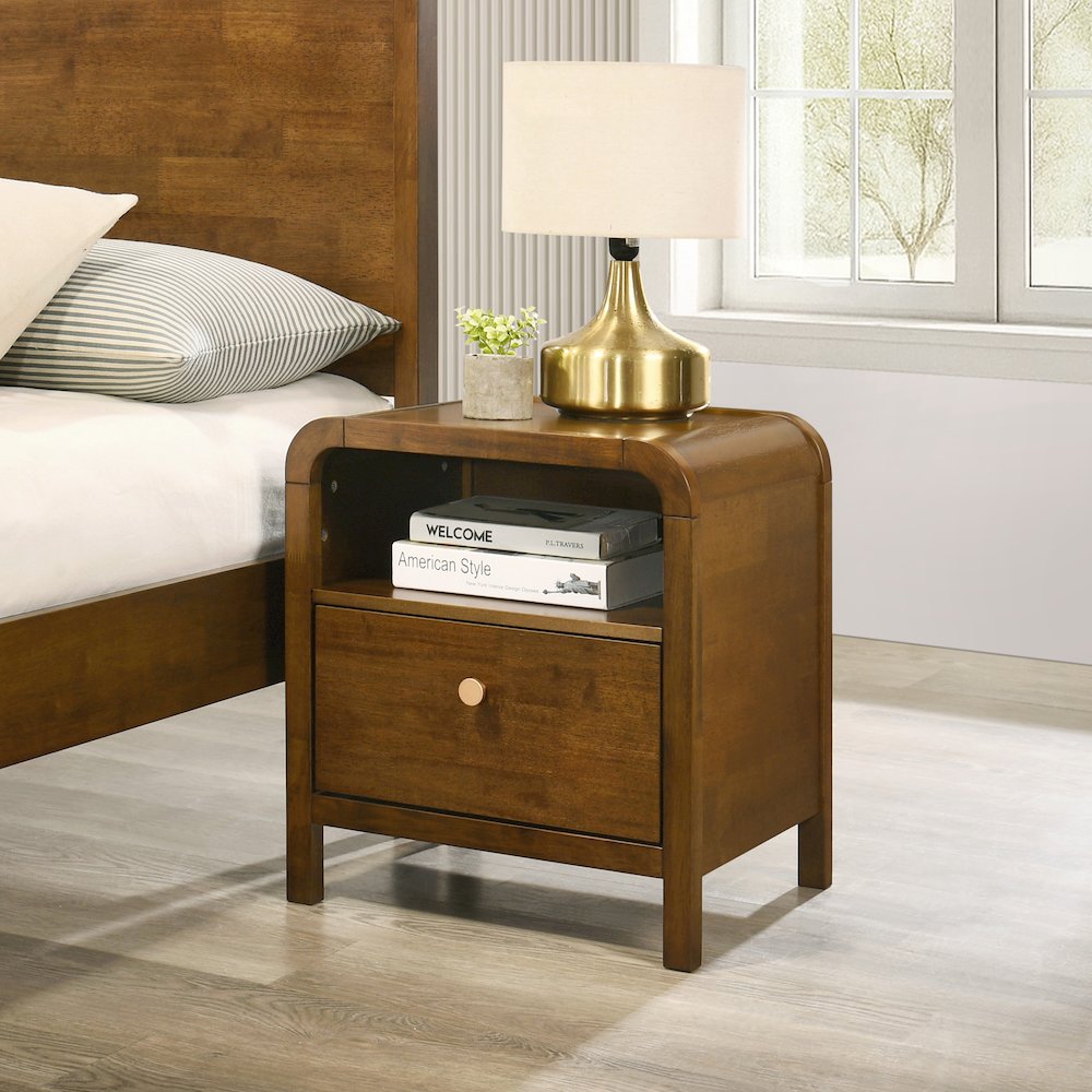 Eldren Wood Nightstand with Solid Rubberwood Frame, Walnut Finish. Picture 2