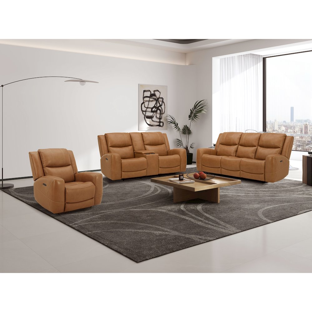 Cozura 3-Piece Leather Power Recling Living Room Set, Silverado Butternut. Picture 2