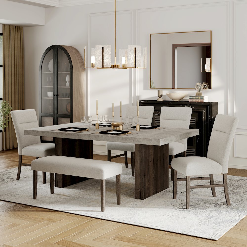Sorlen Modern 6-Piece Dining Set, 3D Faux Concrete Table with 4 Chairs and Bench. Picture 3