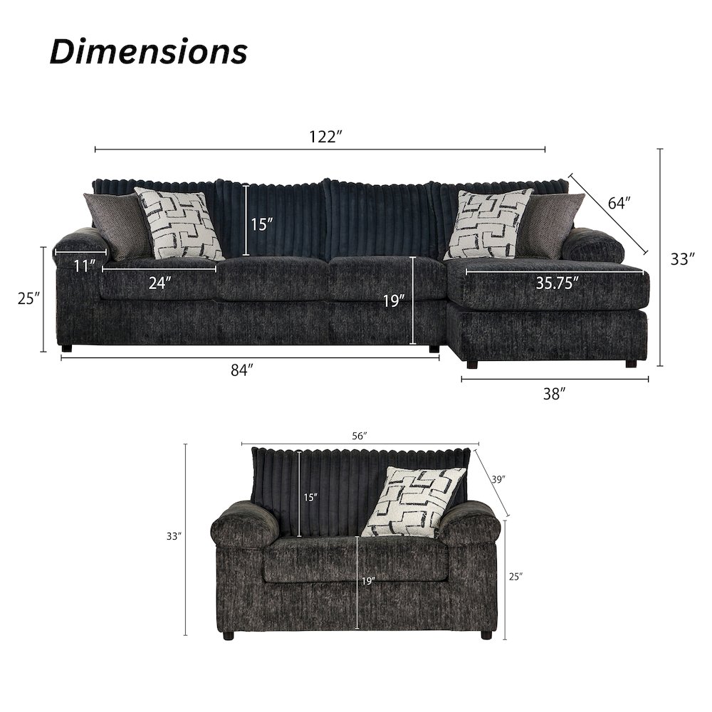 Nason Wide Wale Corduroy Sofa Chaise with Armchair, Charcoal. Picture 11