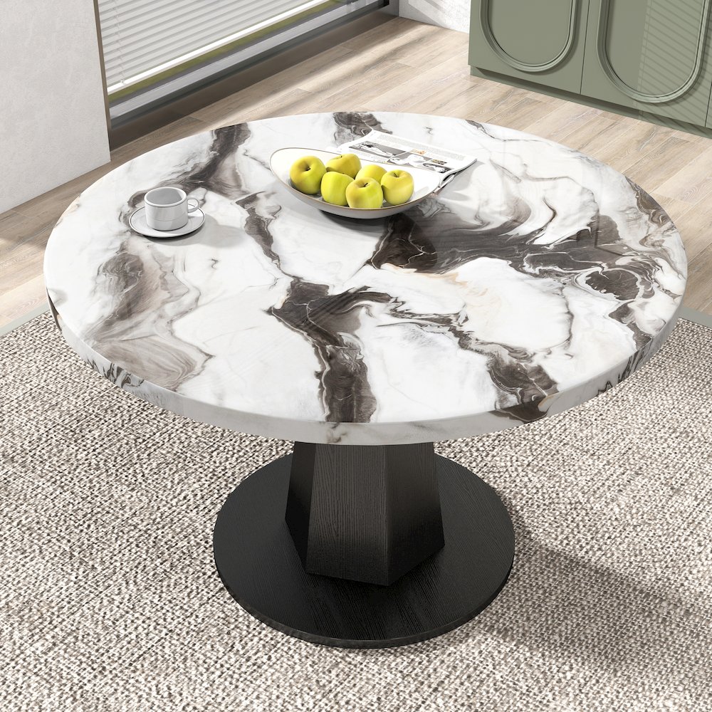 5-Piece Dining Set, Off-White Faux Marble Dining Table with Four Chairs, Tan. Picture 8