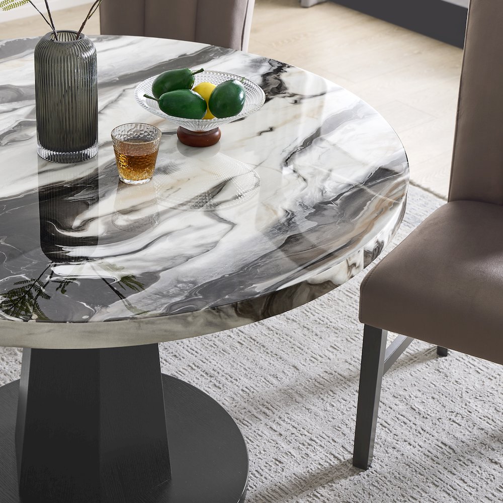 Cavira 5-PC Dining Set, Off-White Faux Marble Table with Four Brown Chairs. Picture 4