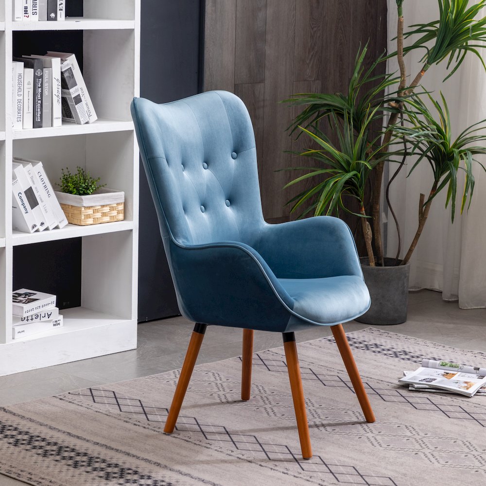 Doarnin Contemporary Silky Velvet Tufted Button Back Accent Chair, Blue. Picture 5