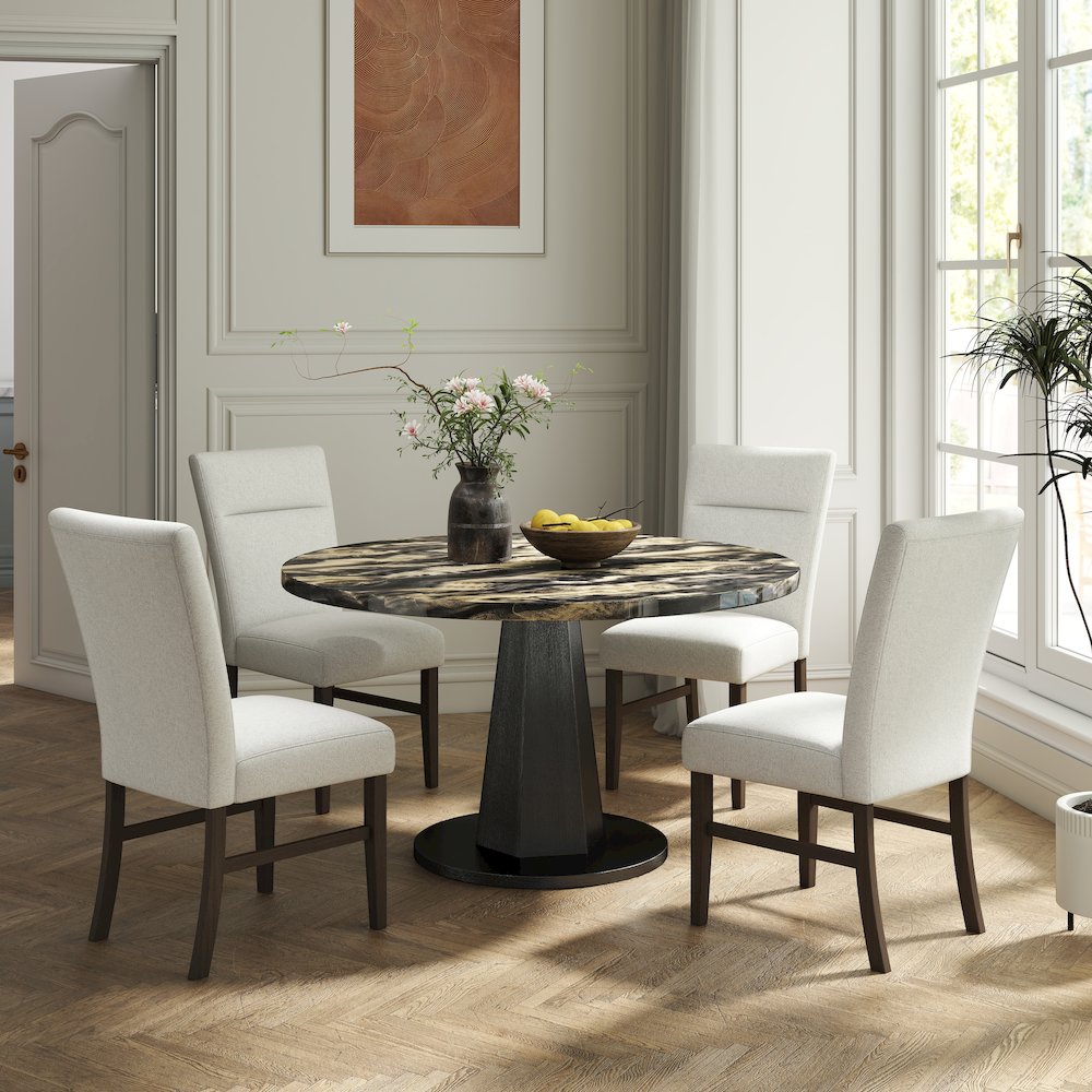 Cavira 5-PC Dining Set, Black and Gold Faux Marble Table with Four Gray Chairs. Picture 4