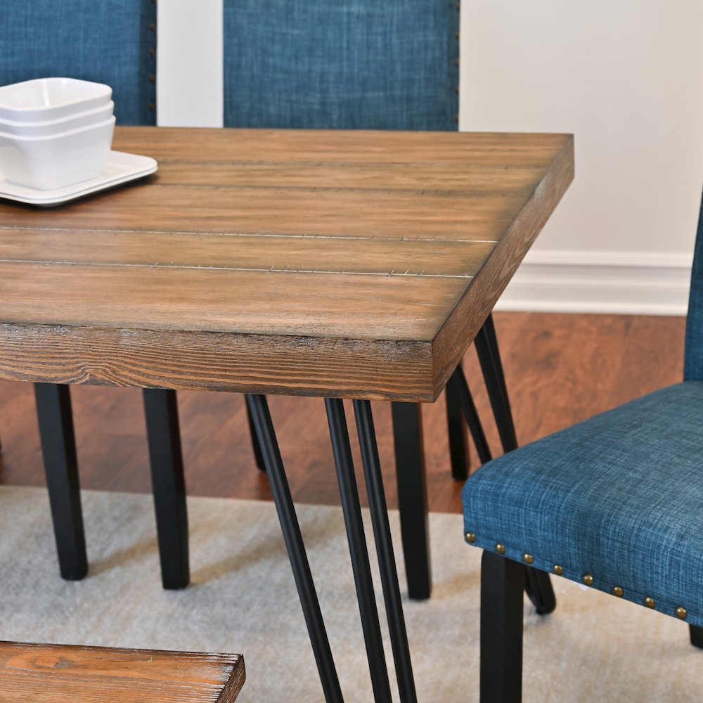 Amisos 6-Pc Dining Set, Hairpin Dining Table with 4 Chairs and Wood Bench, Blue. Picture 8