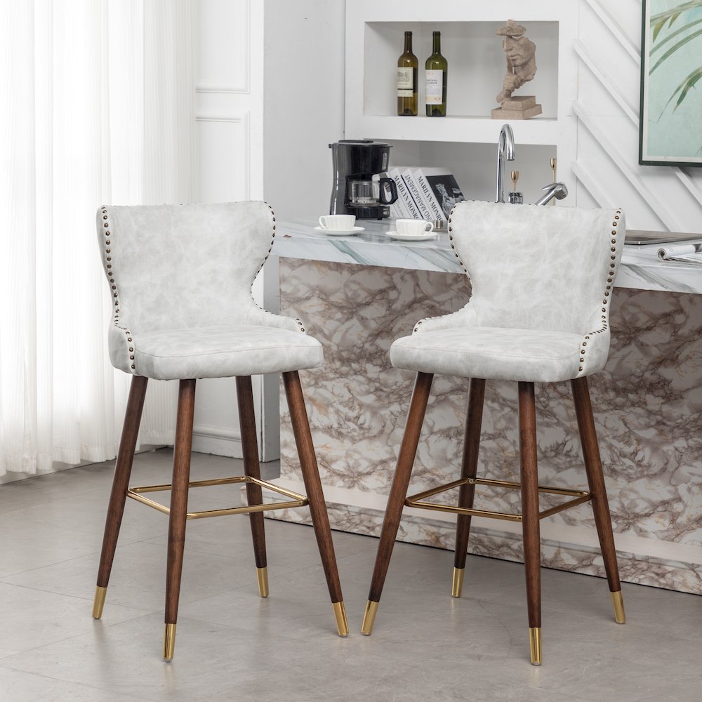 Nevis Modern Faux Leather Tufted Nailhead Trim Barstool Set of 2, Off-White. Picture 2