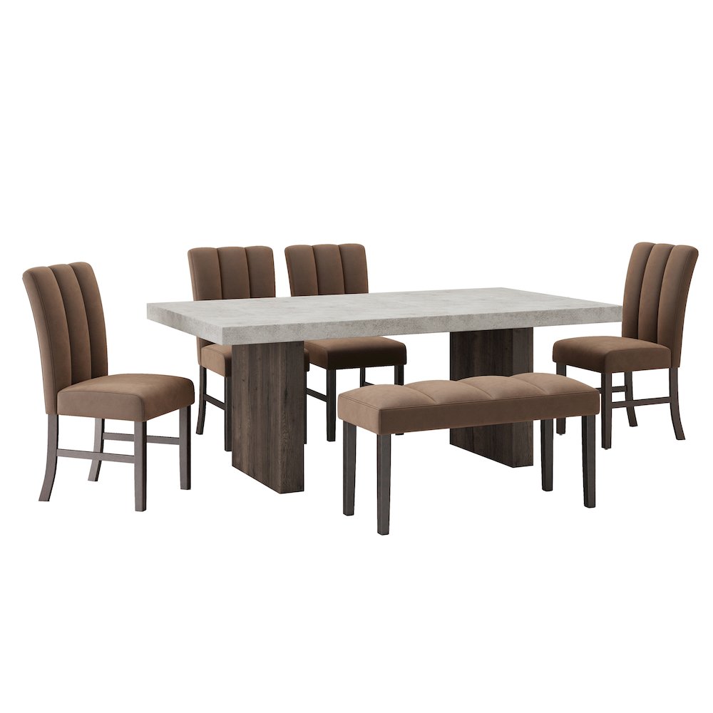 Sorlen 6-PC Dining Set, 3D Faux Concrete Table with 4 Chocolate Chairs and Bench. Picture 1