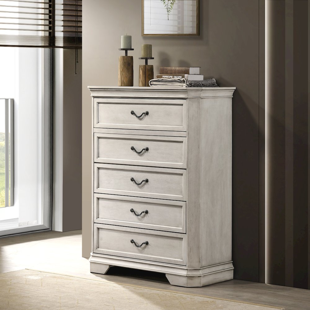 Maderne Wood 5-Drawer Chest, Antique White Finish. Picture 2