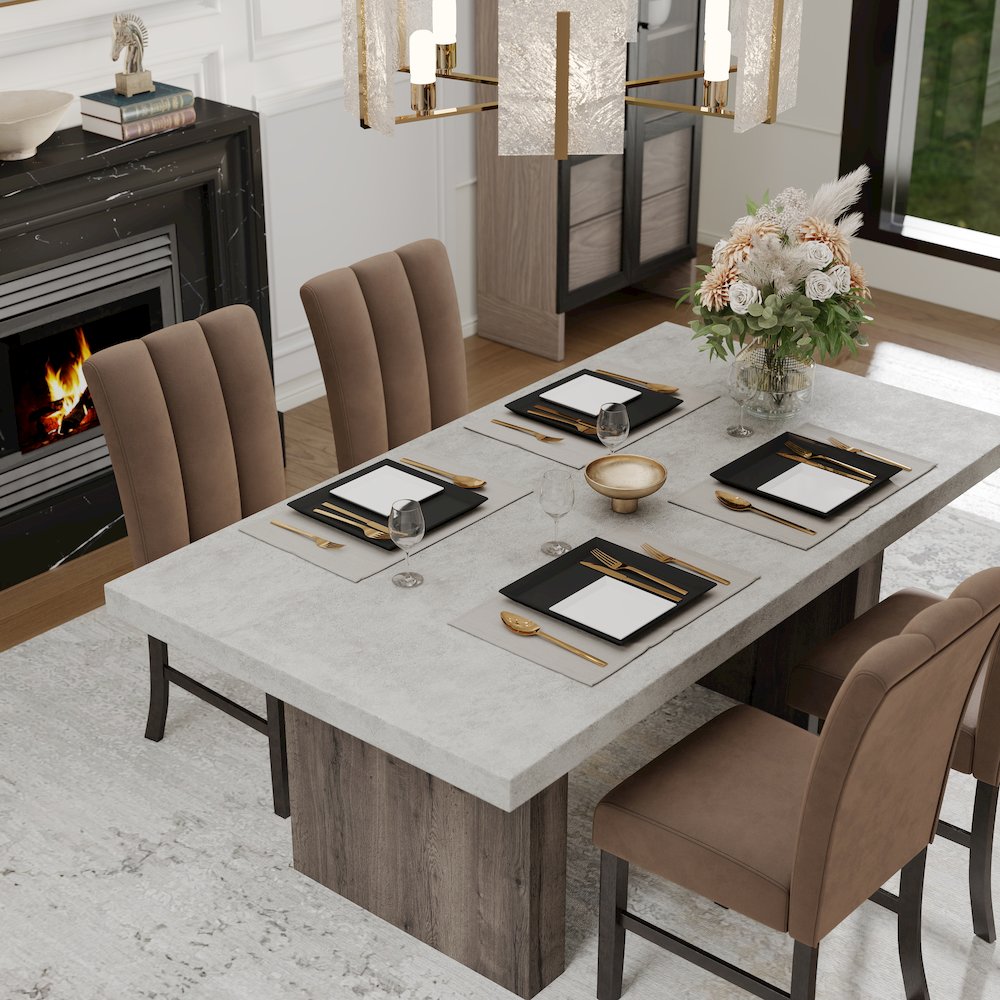 Sorlen 5-Piece Dining Set, 3D Faux Concrete Table with 4 Chocolate Fabric Chairs. Picture 6