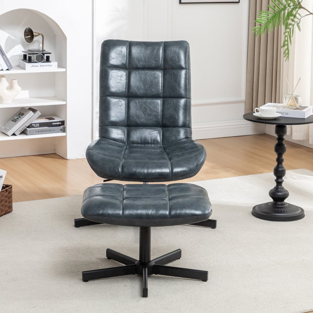 Arlena 2-Piece Seating Set, Faux Leather Tufted Accent Chair and Ottoman, Blue. Picture 4