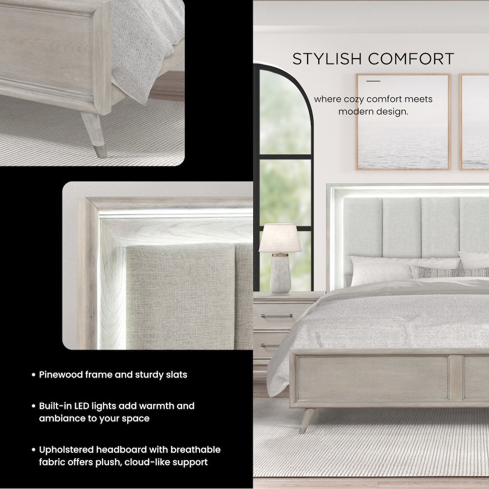 Seluna LED Lighting Panel Bed, Upholstered Headboard, Gray Oak Finish, King. Picture 7