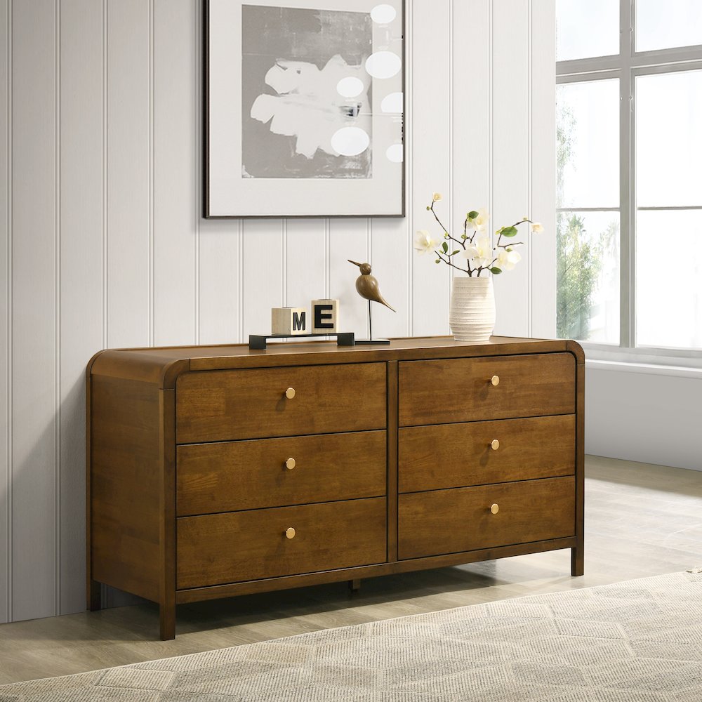 Eldren 6-Drawer Wood Dresser with Solid Rubberwood Frame, Walnut Finish. Picture 4