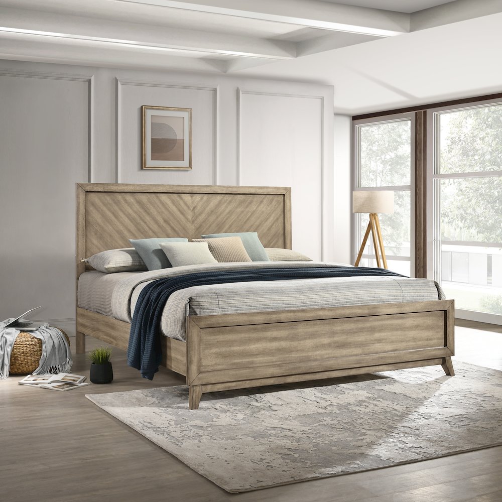 Wood Bedroom Set: Queen Bed, Dresser, Mirror, Nightstand in Weathered Sand. Picture 3