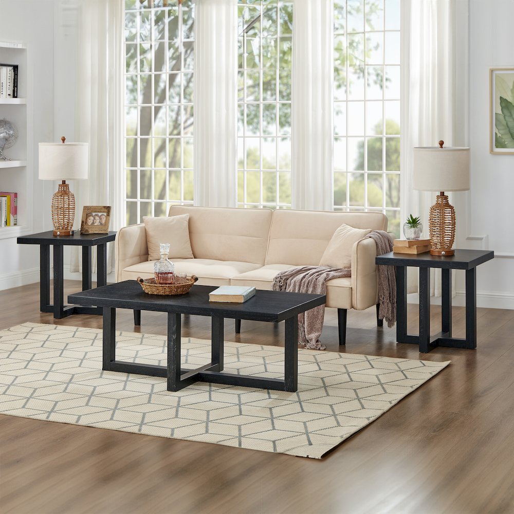 Luno 3-Piece Coffee Table Set, Coffee Table and Two End Tables, Black. Picture 2
