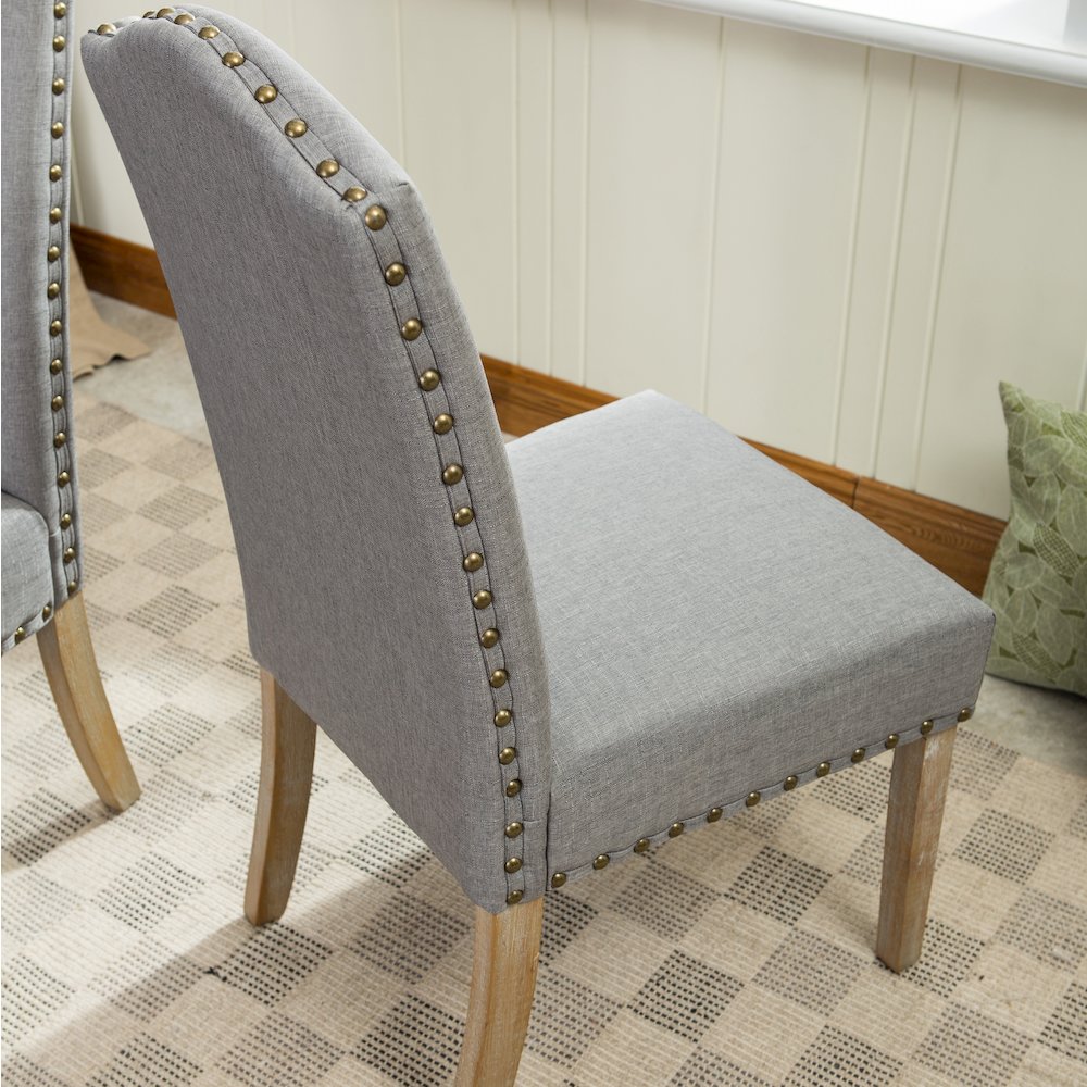 Mod Urban Style Solid Wood Nailhead Gray Fabric Padded Parson Chair, Set of 2. Picture 6