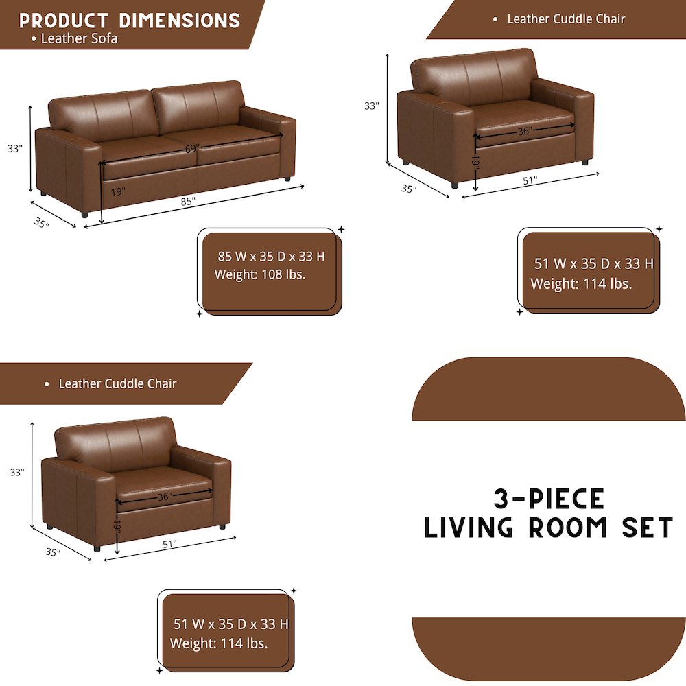 Sakan Leather Upholstered 3-Piece Living Room Set, Sofa and 2 Cutler Chairs. Picture 13