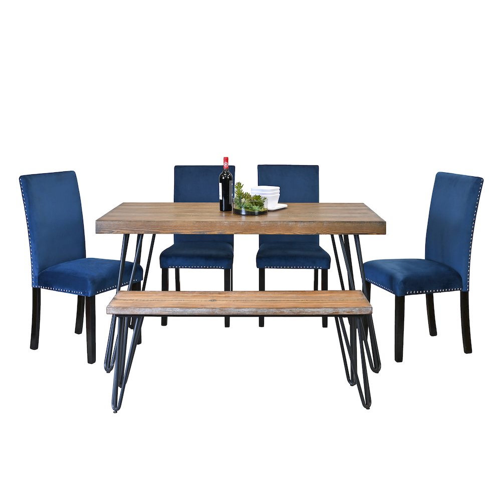 Ashzo 6-Pc Dining Set, Hairpin Dining Table with 4 Chairs and Bench, Blue. Picture 1