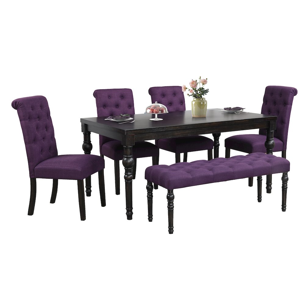 Leviton Urban Style Dark Wash Wood Dining Set Table, 4 Chairs and Bench, Purple. Picture 1