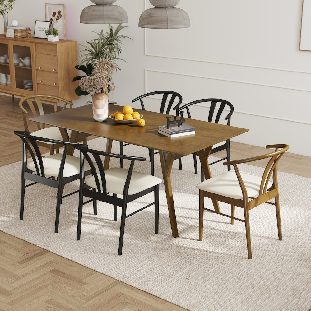 7-Piece Dining Set, Wood Dining Table with 2 Walnut and 4 Black Wishbone Chairs. Picture 5