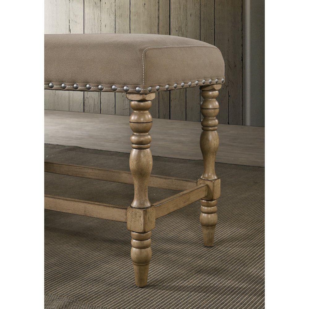 Birmingham Microfiber Counter Height Bench with Nail Heads in Driftwood Finish. Picture 3