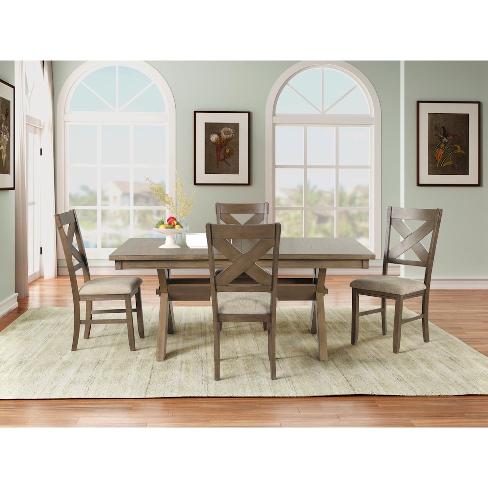 Raven Wood 5-PC Dining Set, Extendable Trestle Table 4 Chairs, Glazed Pine Brown. Picture 3