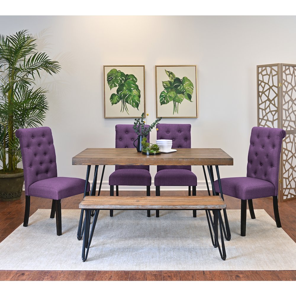Ashford 6-Pc Dining Set, Hairpin Dining Table with 4 Chairs and Bench, Purple. Picture 2