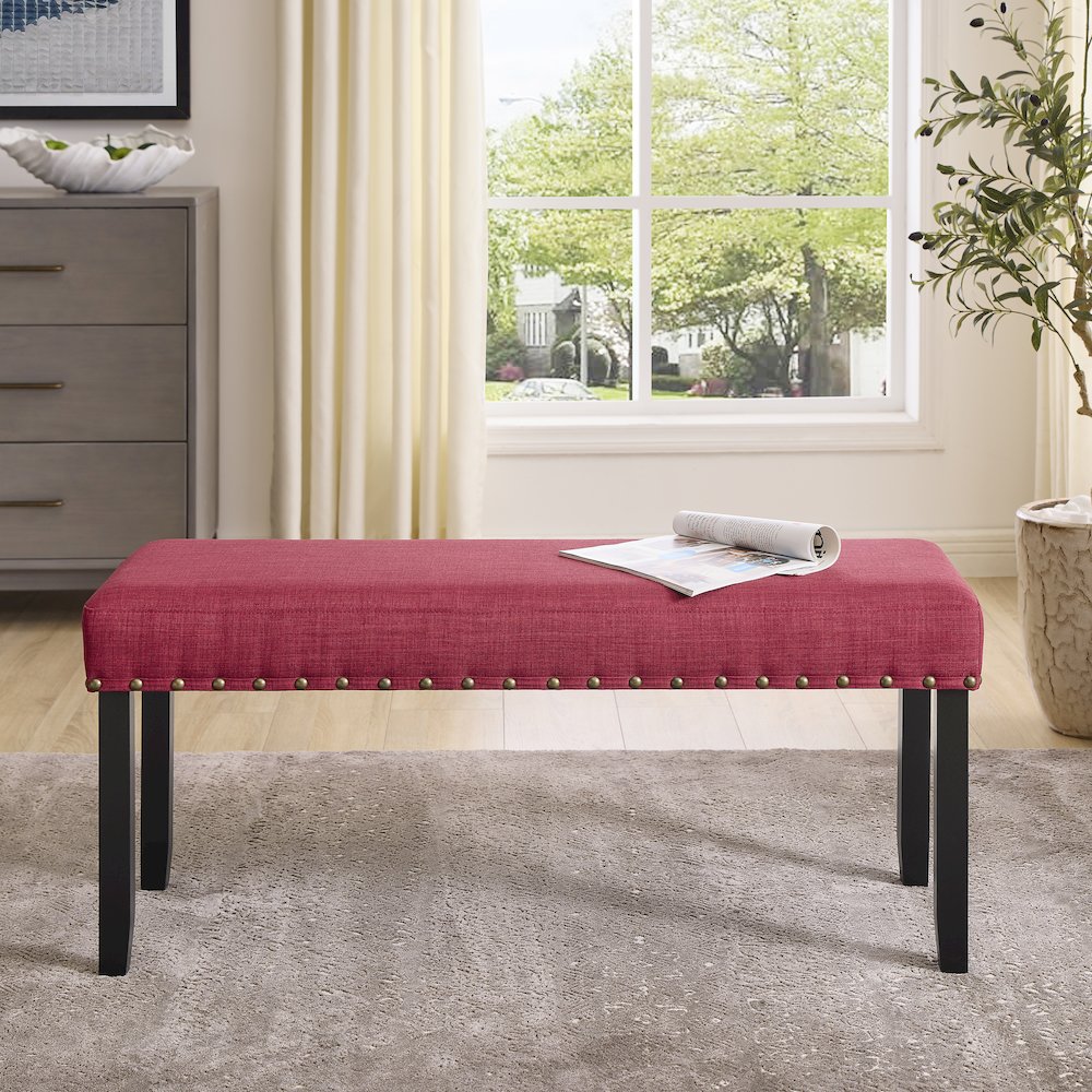 Biony Fabric Dining Bench with Nailhead Trim, Red. Picture 3